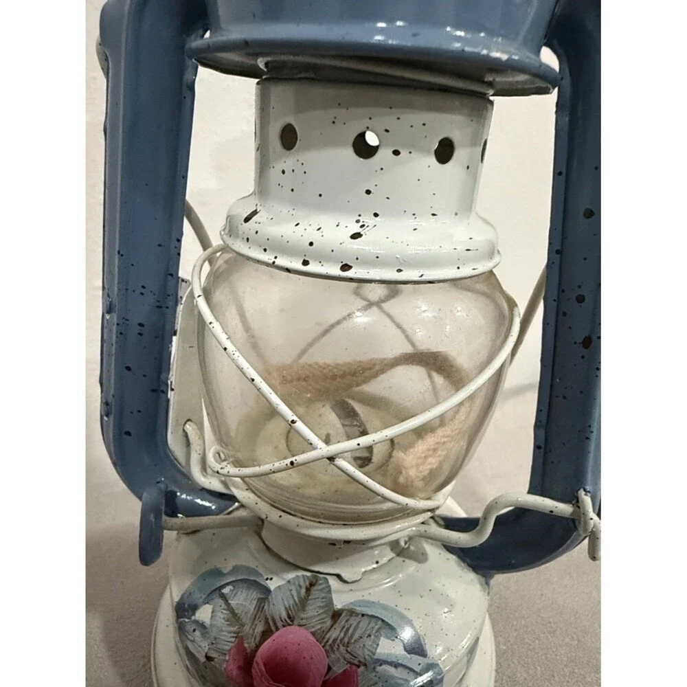 Antique Vintage Clear Glass Metal Kerosene Lamp Lantern Blue Indoor Outdoor Rare